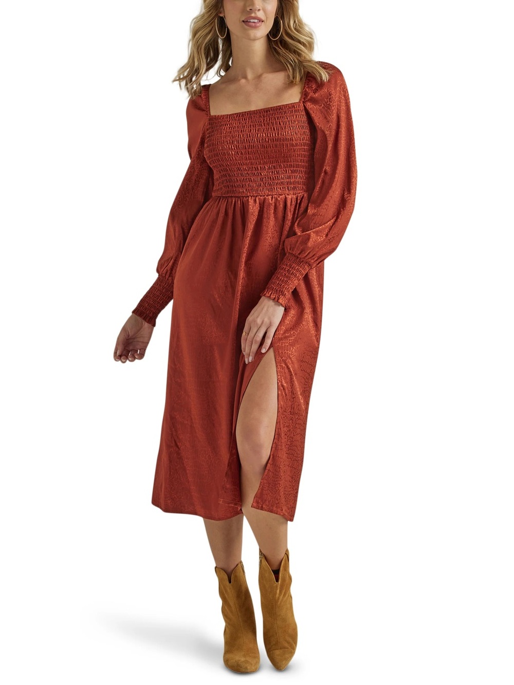 Wrangler Rust Smocked Square-Neck Midi Dress